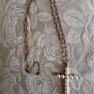 Elegant Pearl Cross Necklace with Gold Chain